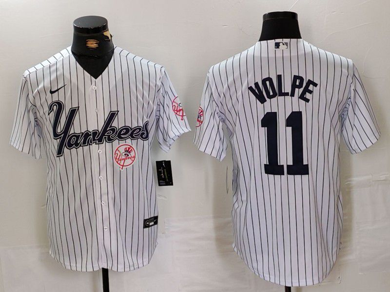 Men New York Yankees #11 Volpe White stripe Three generations of joint names Nike 2024 MLB Jersey style 1